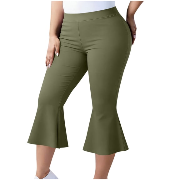 Ahabrexf Yoga Pants for Women Plus Size Capris Solid Color Elastic Waist Flared Hem