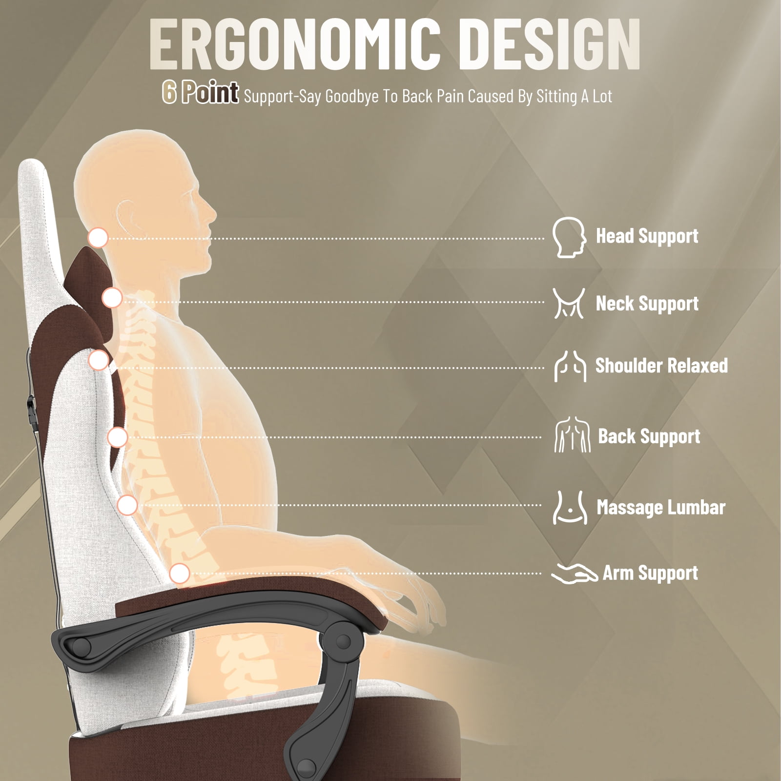 SOONTRANS Gaming Chair for Adults, Ergonomic Linen Fabric Computer Chair with Massage Lumbar Pillow, Gamer Game Chair with Adjustable Headrest, Comfortable Office Chair for Home, Beige and Brown