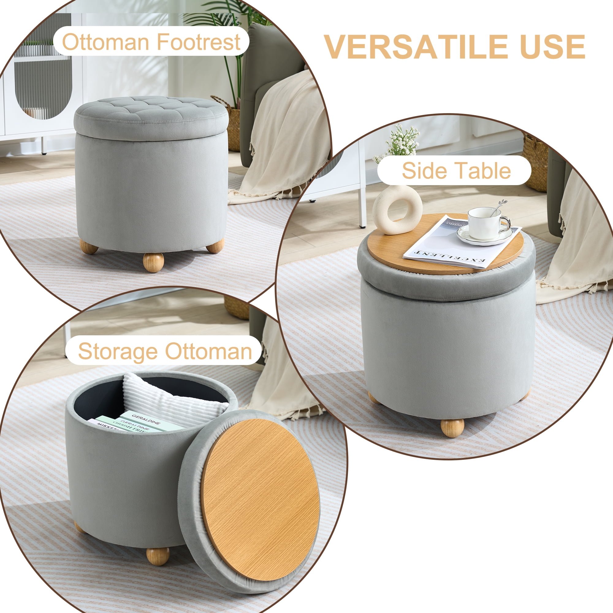 CoVibrant Modern Round Velvet Storage Ottoman with Reversible Tray Lid, Tufted Upholstered Footrest Stool with Wooden Legs