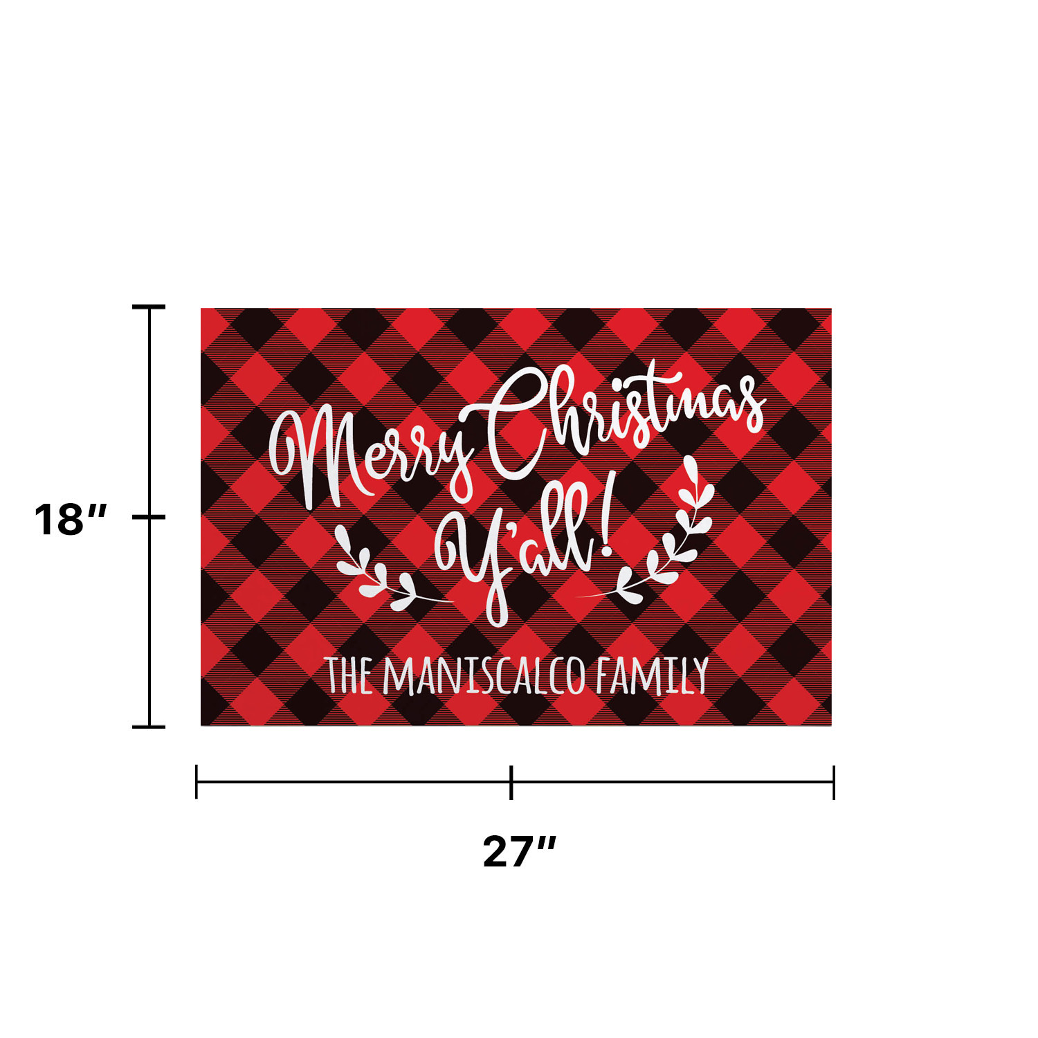 Personalized Planet 27x18 Marry Christmas Ya'll Holiday Doormat with Custom Family Name Printed on Red and Black Plaid Rectangular 1/8” Thick Non Slip Mat for Kitchen Hallway Deck or Porch