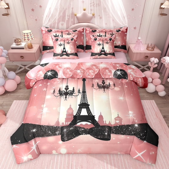 Castle Fairy Bling Ribbon Bow Twin Bedding Sets,Eiffel Tower Bedding Comforter Set