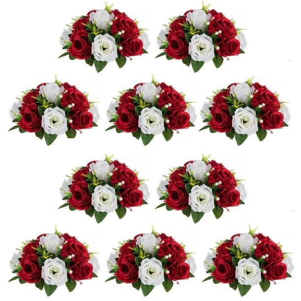 Silk Flowers Balls for Centerpieces 10 Pack Burgundy & White Roses Artificial Floral Arrangement