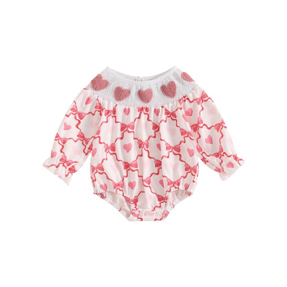 Baby Girl Valentine's Day Romper Heart Embroidery Long Sleeve Bubble Jumpsuit Newborn Bodysuit