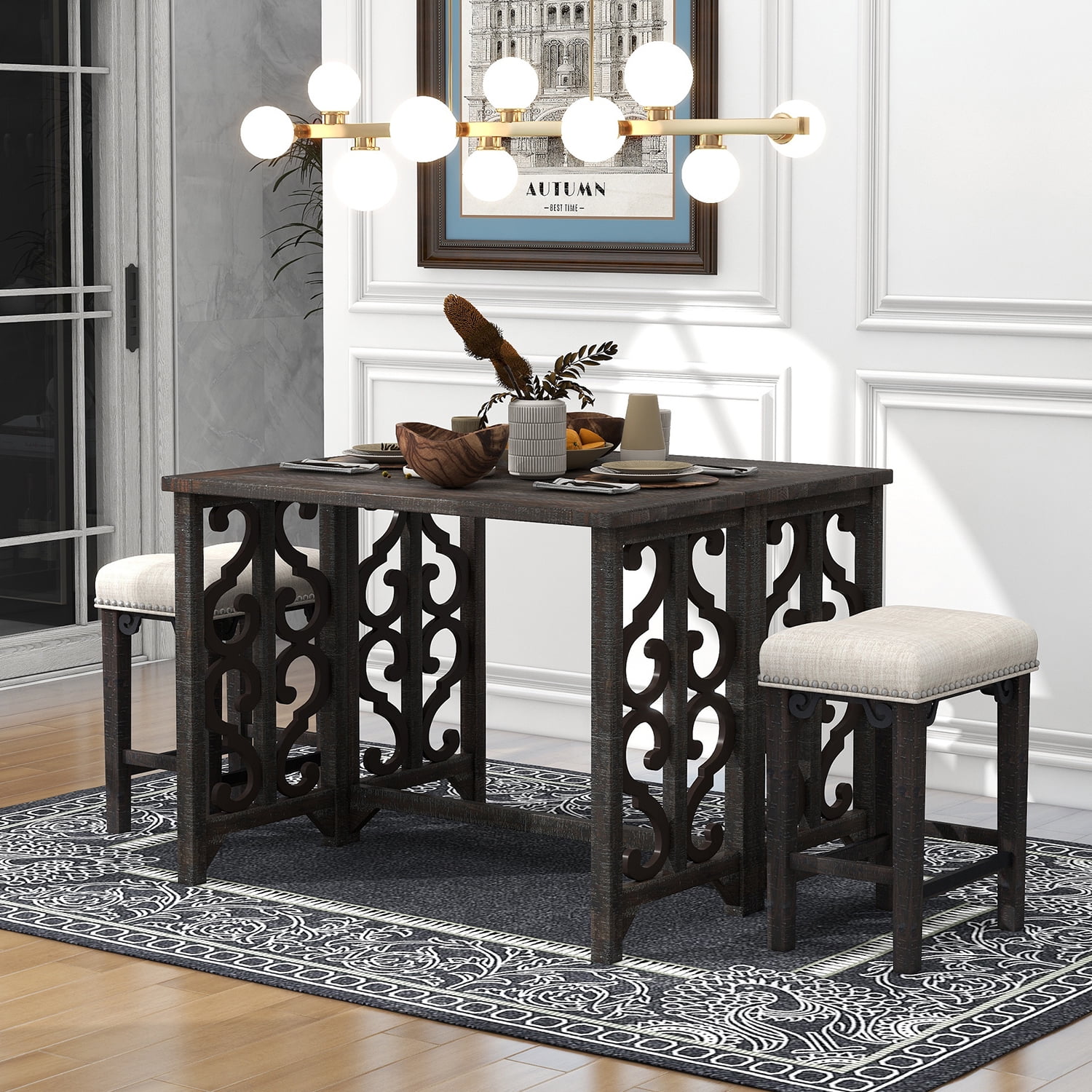 Kadyn 3-Piece Retro Dining Set, Foldable Table and 2 Saddle Stools Set, Solid Wood Counter Height Pub Set for Kitchen, Espresso Kadyn 3-Piece Retro Dining Set, Foldable Table and 2 Saddle Stools Set, Solid Wood Counter Height Pub Set for Kitchen, Espresso