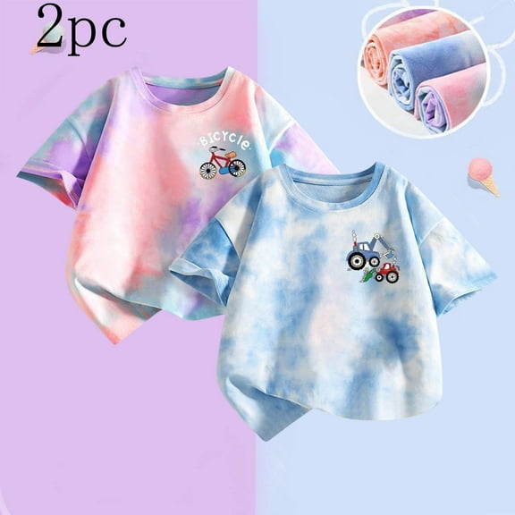 Frwgonr Boys Girls School Shirts Blue 2-Pack Tie Dye T-Shirt Soft Casual Tops for Kids 1T-12