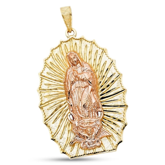 Lady Guadalupe Pendant 14k Yellow Rose Gold Virgin Mary Charm Solid Two Tone 44 x 32 mm