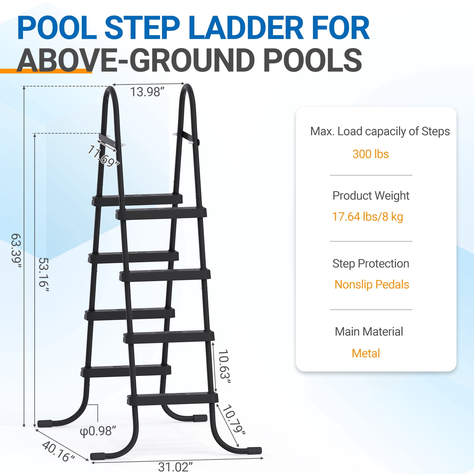 Zimtown 4-Step Pool Ladder, 52 Inch Above Ground Swimming Pool Ladder with Black Metal Frame & Black Steps, Heavy-Duty Entry Ladder