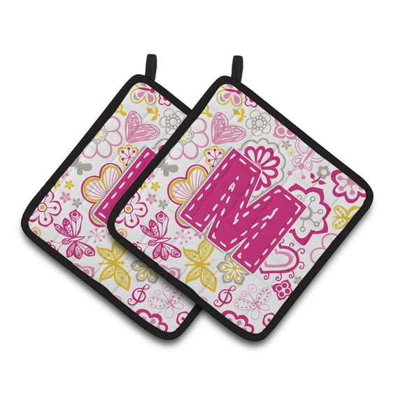 Letter M Flowers and Butterflies Pink Pair of Pot Holders