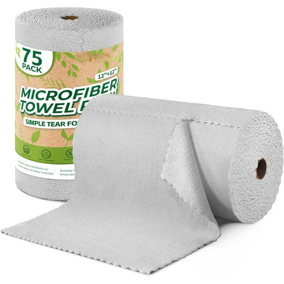 BGC Microfiber Cleaning Cloths Roll, 75 Pack Tear Away Microfiber Towels Roll, 12" x 12" Lint Free Rags, Reusable Cleaning Cloths, Washable, Scratch Free,Ultra Absorbent Dish Rags(Grey)