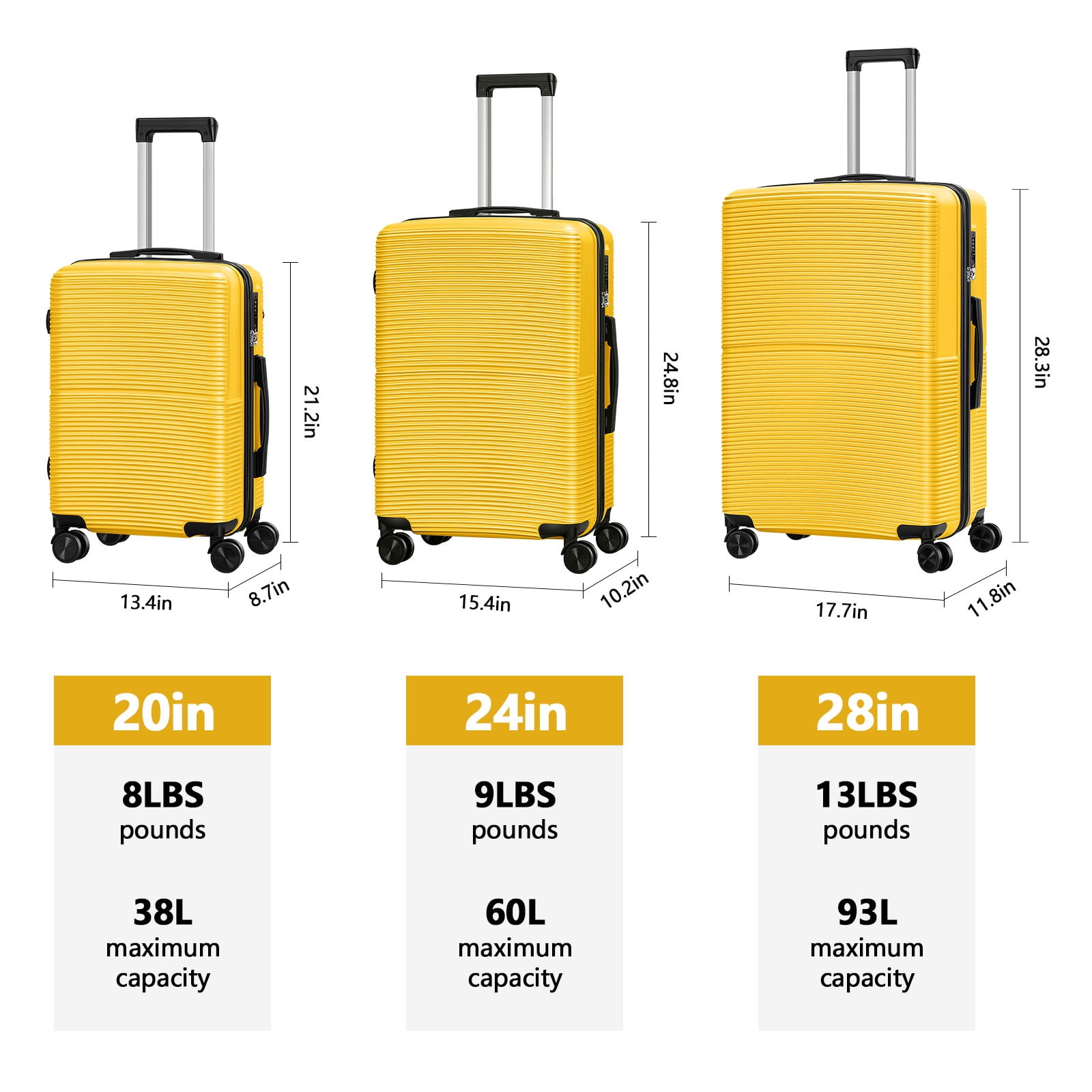 Hardside Spinner Luggage Sets in Yellow, 3 Piece, TSA Lock