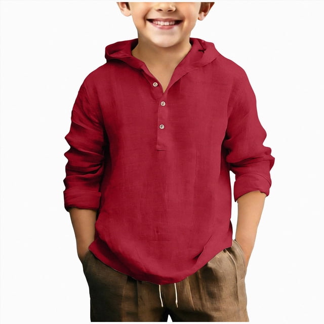 Splozh Chemise Boutonnée pour Enfants Décontractée Basique d'Été à Manches Longues Chandails pour Enfants Chemise Boutonnée pour Enfants Chemise Formelle pour Enfants, Rouge, 13-14 Ans