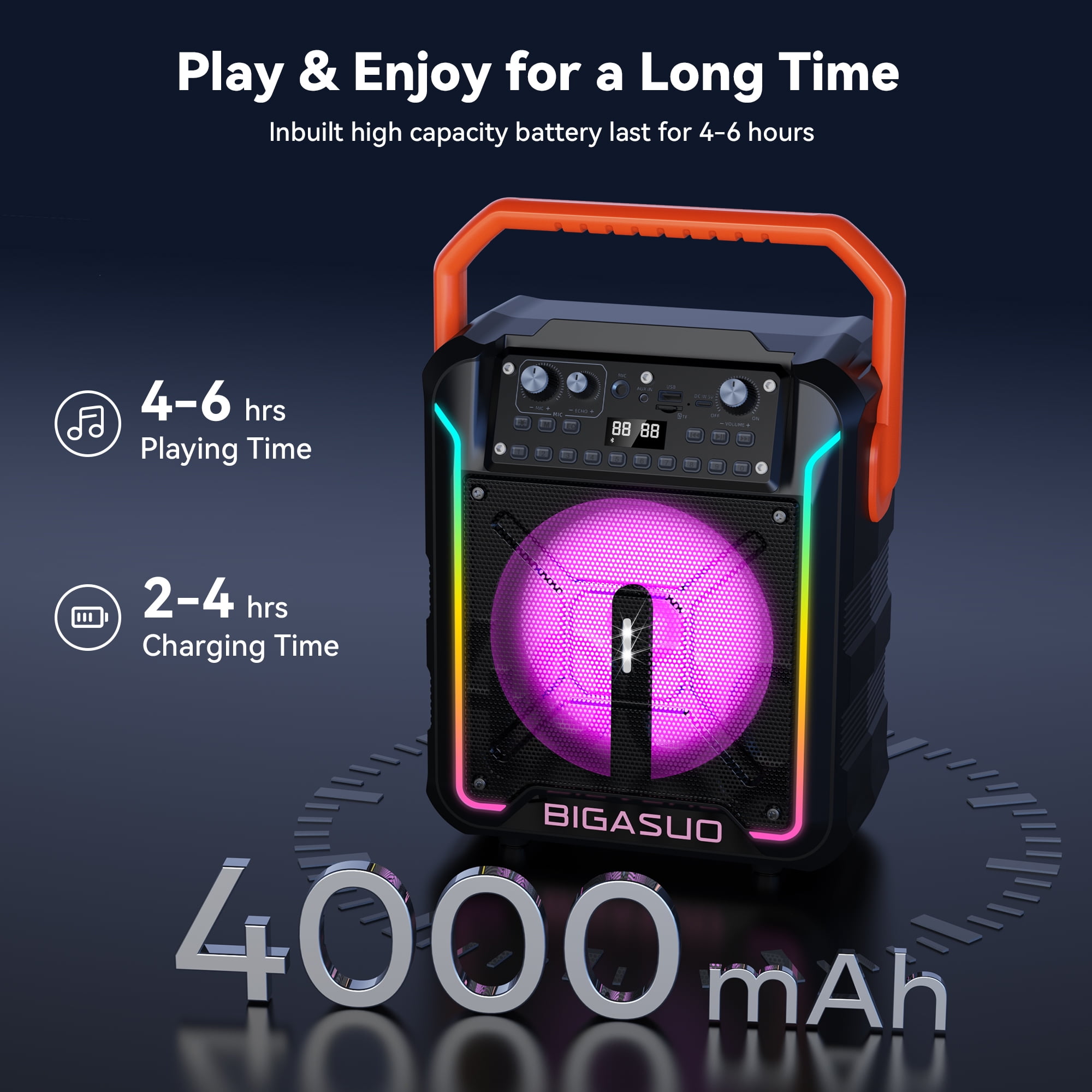 BIGASUO Bluetooth Karaoke Machine, Portable Party Speaker Karaoke Singing Machine for Adult , Home Karaoke PA System with 2 UHF Microphones , RGB Colorful Light,  TWS Speaker for Indoor/Outdoor