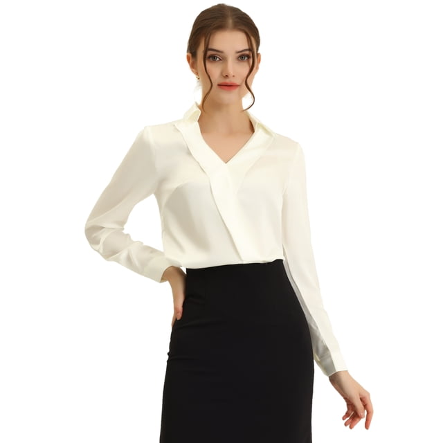 Blusa de oficina de satén para mujer, elegante, cuello en V, manga larga, top de trabajo Beige XL