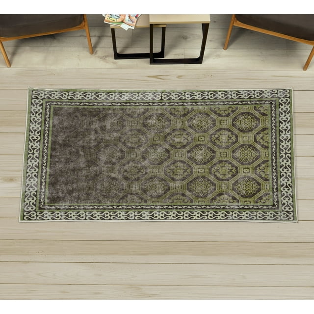 Ethnic Decorative Rug, Vintage Damask Grid of Medieval Style Cells and Swirling Folk Detailed Frame, Quality Carpet for Bedroom Dorm and Living Room, 6 Sizes, Avocado Green, by Ambesonne