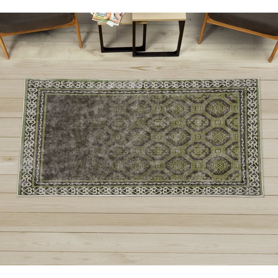Ethnic Decorative Rug, Vintage Damask Grid of Medieval Style Cells and Swirling Folk Detailed Frame, Quality Carpet for Bedroom Dorm and Living Room, 6 Sizes, Avocado Green, by Ambesonne