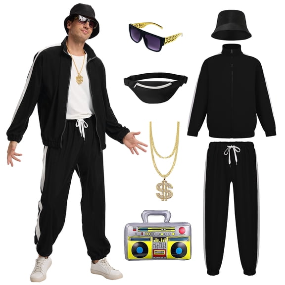 HNKMDK 80s 90s Fancy Dress Men Authentic Hip Hop Outfit Retro Disco Costume for Halloween Cosplay Carnival(Black,S)