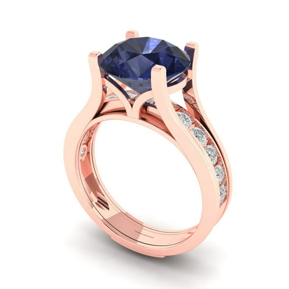 3.39 ct Brilliant Round Cut Blue Sapphire 18K Rose Gold Solitaire with Accents Engagement Bridal Wedding Ring Band Set size 10.75