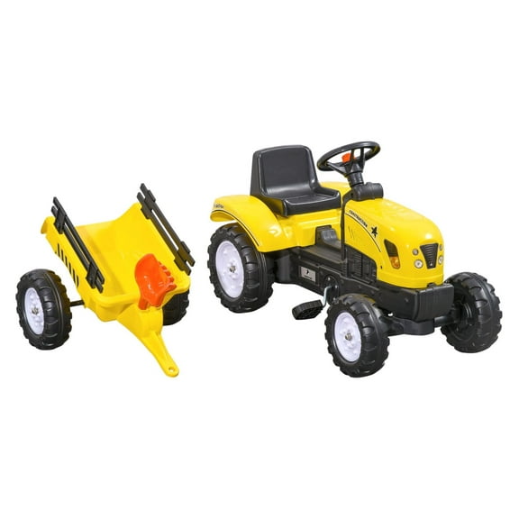 Pedal Go Kart for Kids, Ride-On Tractor with Trailer, Shovel & Rake, Yellow, Ages 3 