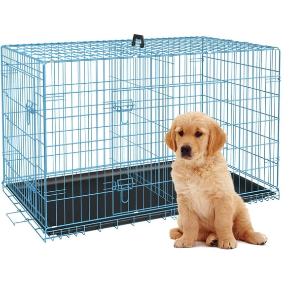 BestPet 24 inch Foldable Metal Dog Crate for Small Dogs, Double Door, Divider, Removable Tray(Blue)