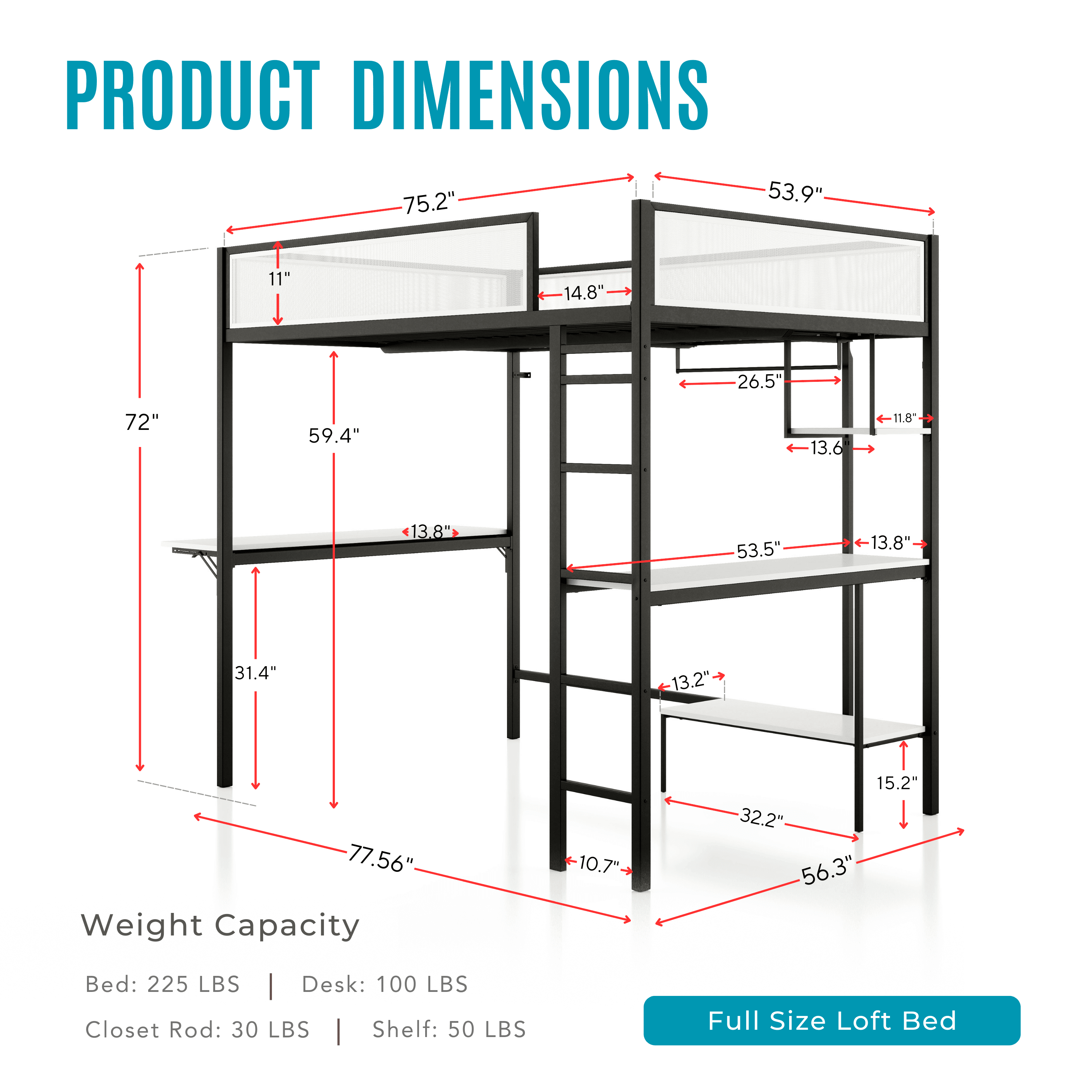 Furniture of America Veric Kids Black Full Loft Bed with Dual Desks, Two Shelves and Closet Rod