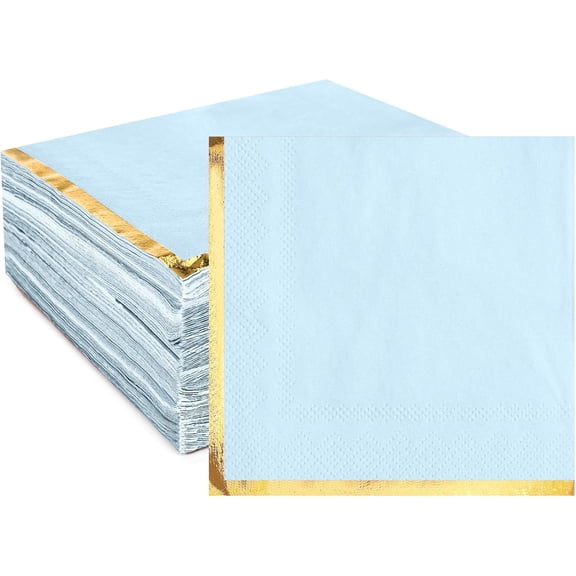 100 Pack 2 Ply Cocktail Napkins Paper Gold Foil Trim Edge Beverage Dessert Disposable Paper Napkins Dinner Baby Shower Wedding Birthday Party Tableware Decorations, 5 x 5 Inches(Light Blue)