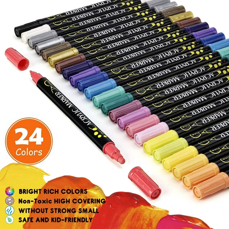 24 Colors Acrylic Paint Pens, Dual Tip Pens With Medium Tip and Brush Tip  for Rock Painting, Ceramic, Wood, Plastic, Calligraphy, Scrapbooking, Brush