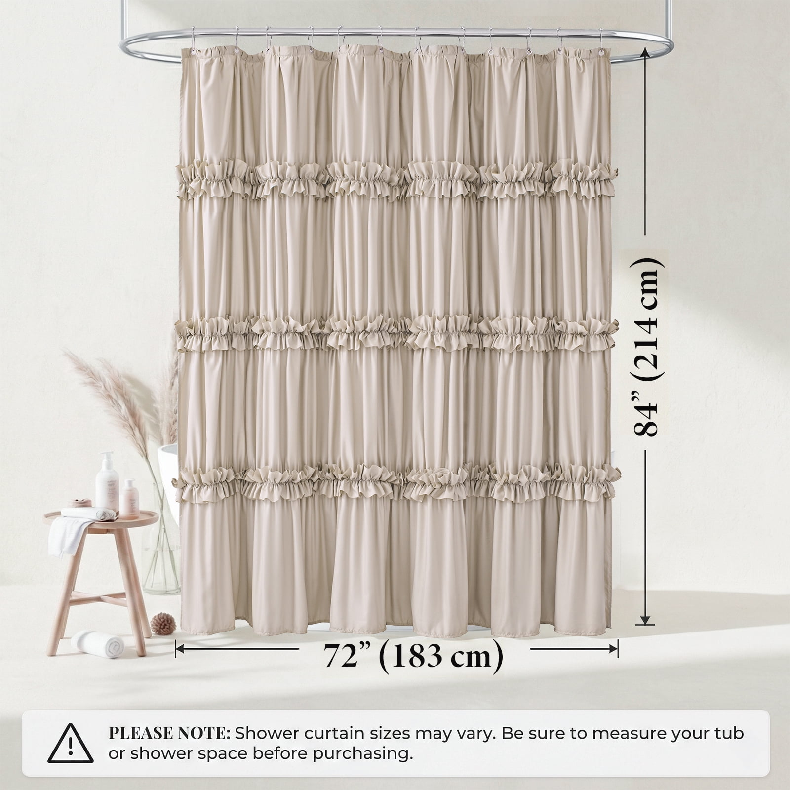 Seasonwood Ruffle Shower Curtain,Tiered Fabric Bathroom Curtain for Farmhouse Decor,Beige,72 x 84 Inch
