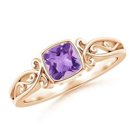 Solitare Style Ring February Birthstone Ring - Vintage Style Cushion Amethyst Solitaire Ring in 14K Rose Gold (5mm Amethyst) - SR0566AM-RG-A-5-7 ()