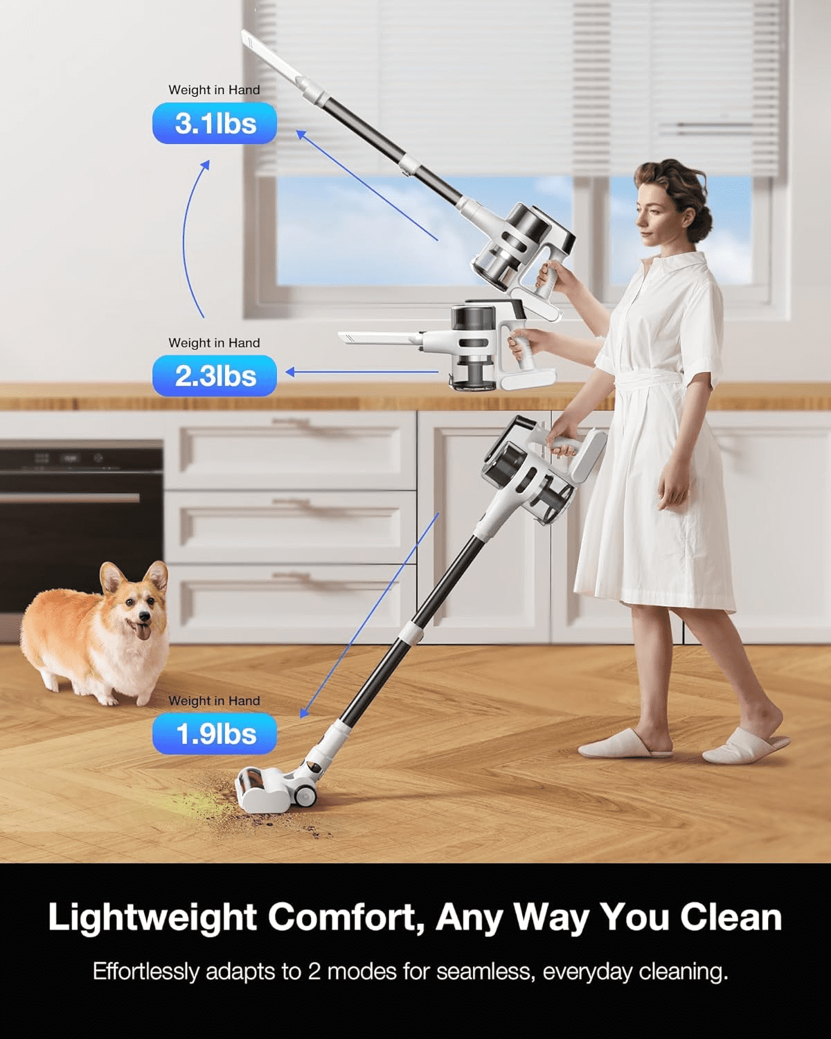 Stick Vacuum Cleaner, 23KPa Suction Power, Lightweight & Rechargeable, 55min Runtime, Anti-Tangle LED Brush, Ideal for Pet Hair, Carpets, Hardwood Floors, Apartment Living