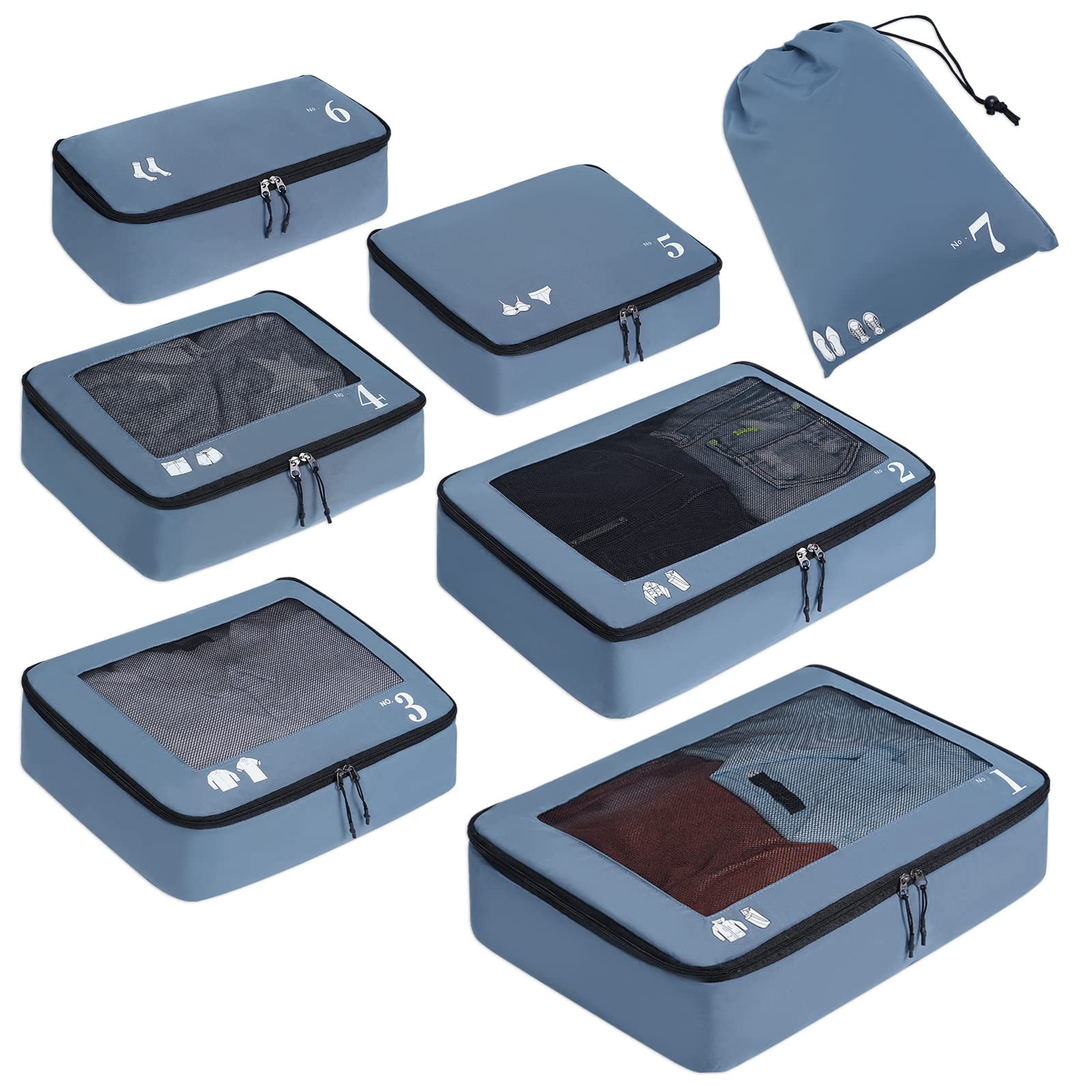 7 Pcs Packing Cubes for Travel Organizer Tear-Resistant with Number Icon Handle Storage Bags for Carry on Bag for Clothes Shoes, Blue