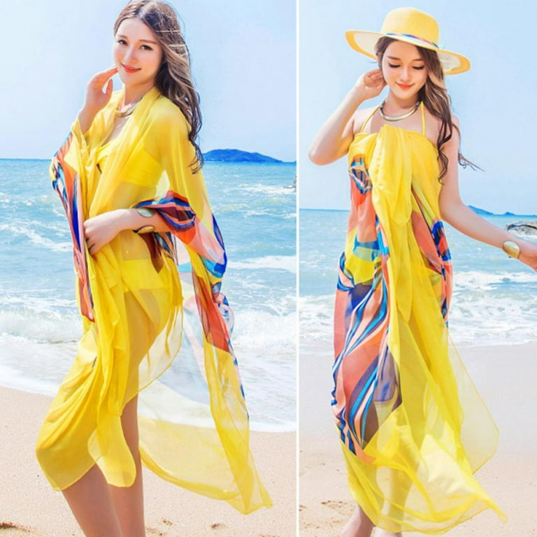 Sexy Women Chiffon Beach Swimwear Sarong Wrap Dress Bikini Cover Up Scarf  Beach Sarongs Scarves Geometrical Print Swimsuit Cover(Yellow)