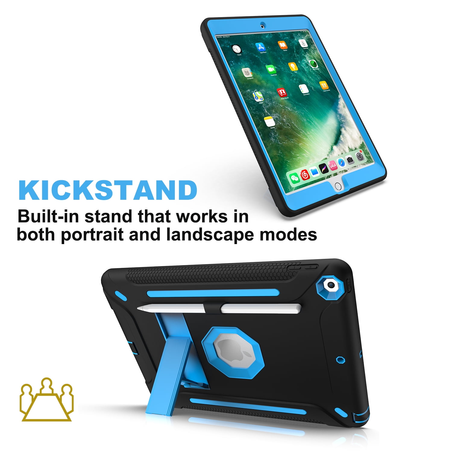 iPad Air 2 Case, iPad 9.7 Case 6th Generation, Dual Layer Shockproof Lightweight Hybrid Rugged Kickstand Protective Cover with Pencil Holder, Black/Blue