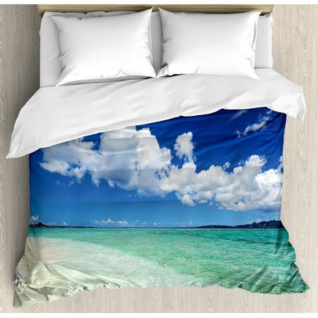 Ocean Queen Size Duvet Cover Set Island Sea Life Wavy Bright Open