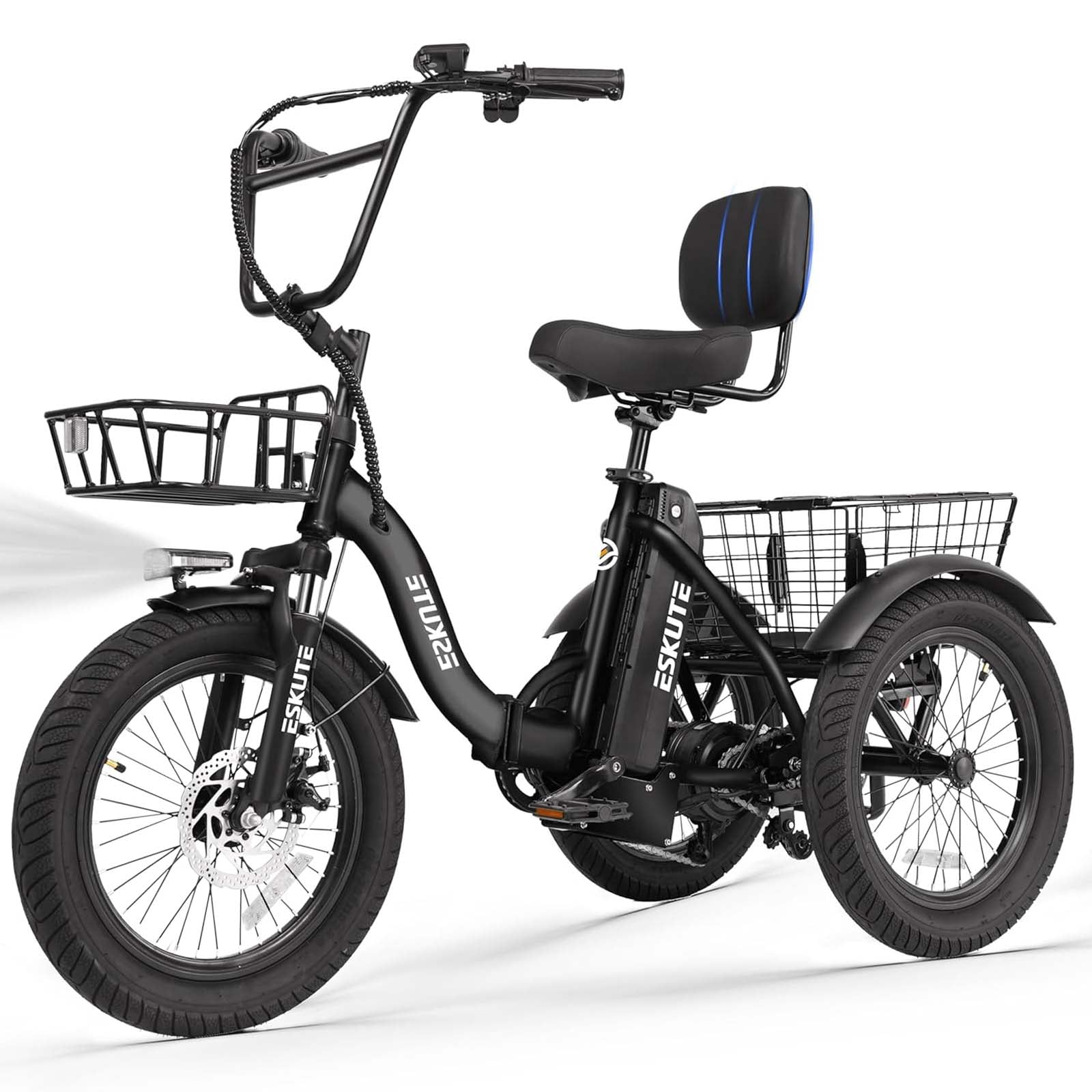 ESKUTE Black E Trike Electric Bike, Peak 1200W Brushless Motor Folding Trike 18X3.0 Fat Tire Ebike, 499Wh Removable Battery, Step-Thru 3 Wheel Electric Bicycle, 48V 13AH 18MPH+ Tricycle for Adults