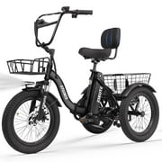 ESKUTE Black E Trike Electric Bike, Peak 1200W Brushless Motor Folding Trike 18X3.0 Fat Tire Ebike, 499Wh Removable Battery, Step-Thru 3 Wheel Electric Bicycle, 48V 13AH 18MPH+ Tricycle for Adults
