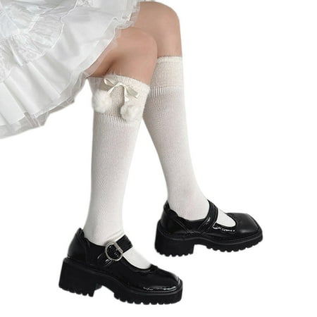 

Women Furry Trim Faux Wool Knit Knee High Socks Lolita Plush Ball Bow Stockings