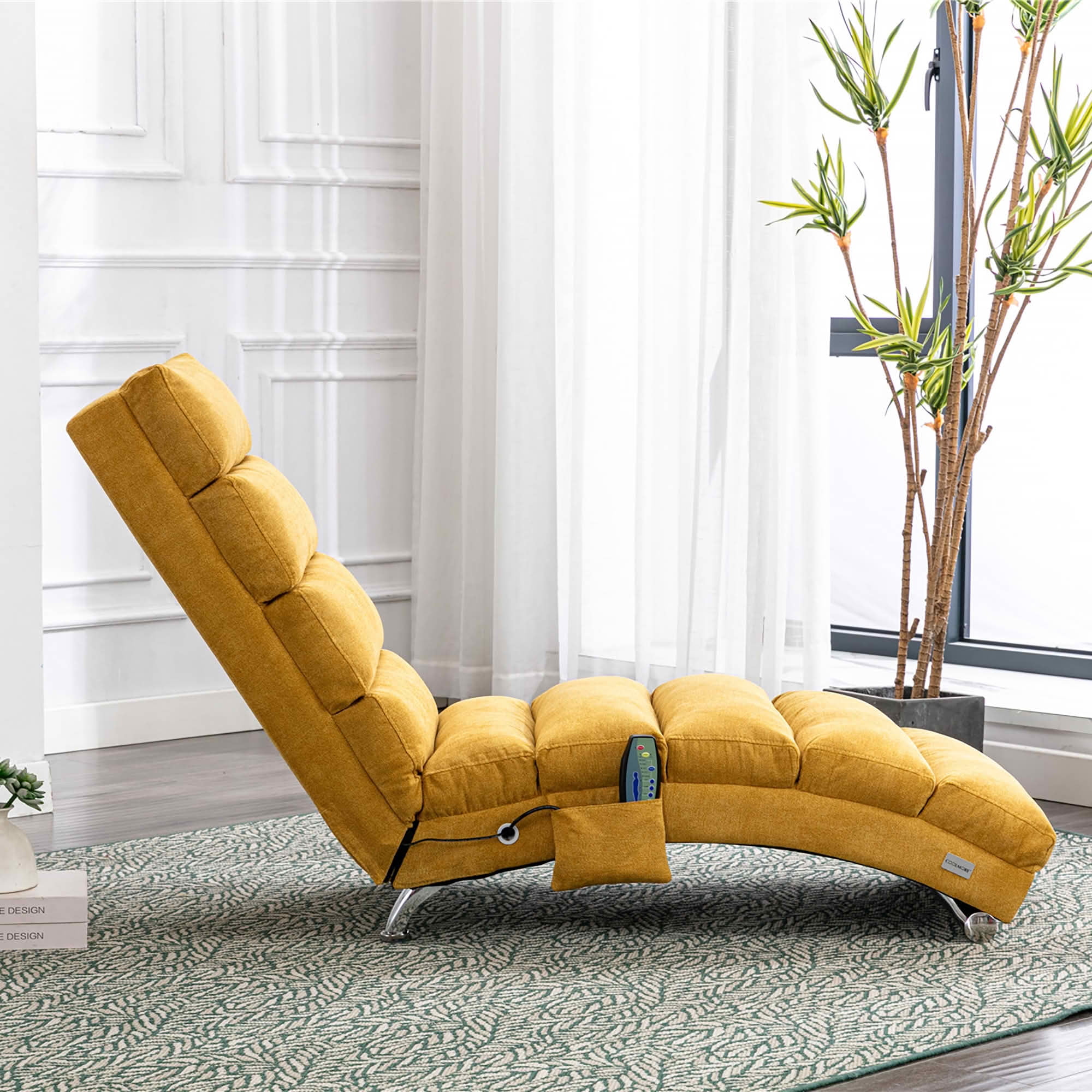 MAYEERTY Vibrating Upholstered Chaise Lounge Chair, Ergonomic Fixed Back Fabric Recliner Sofa with Side Pocket Remote Control for Living Room Bedroom