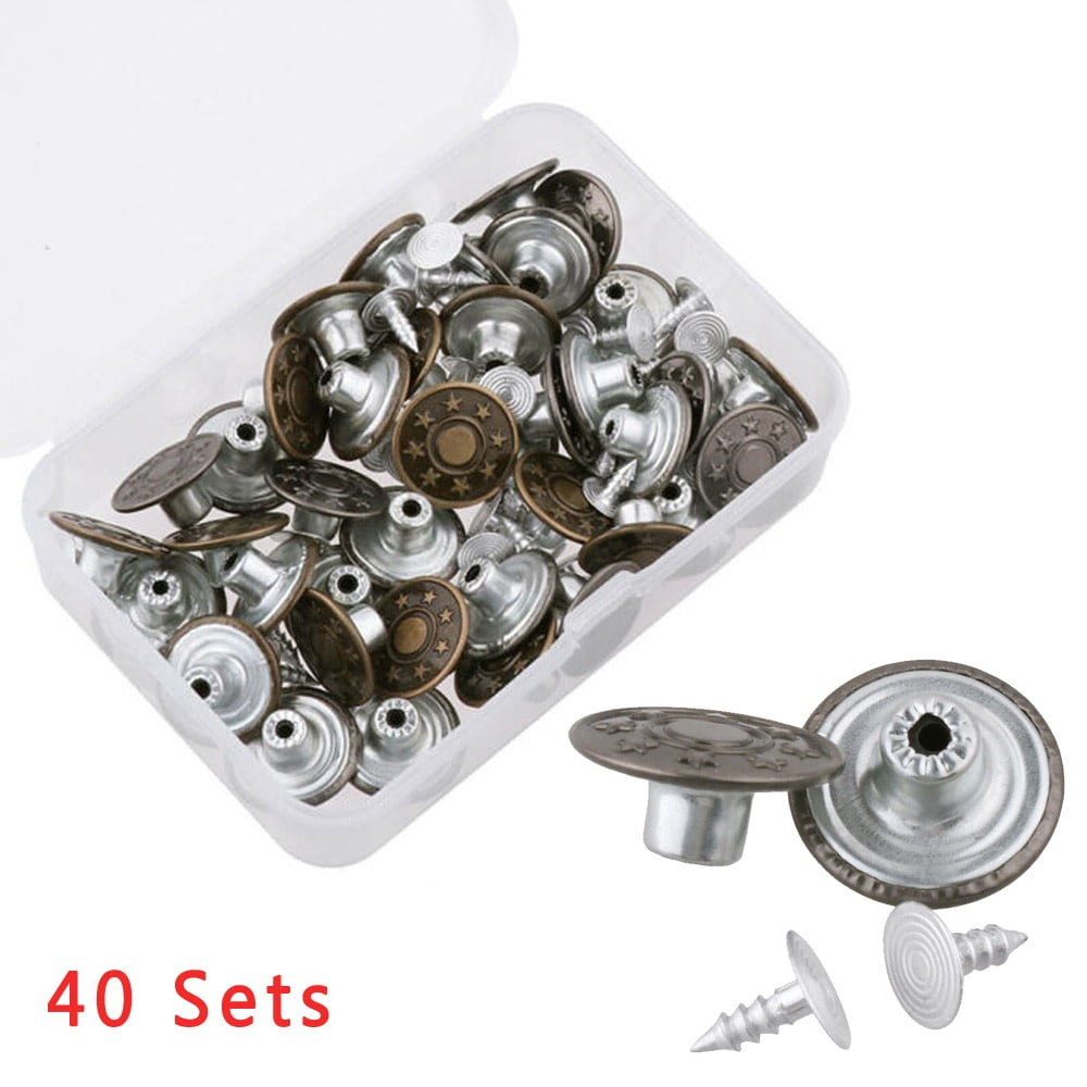 40 Sets Metal Denim Jeans Tack Snap Buttons Rivets For Repair Replacement+Box