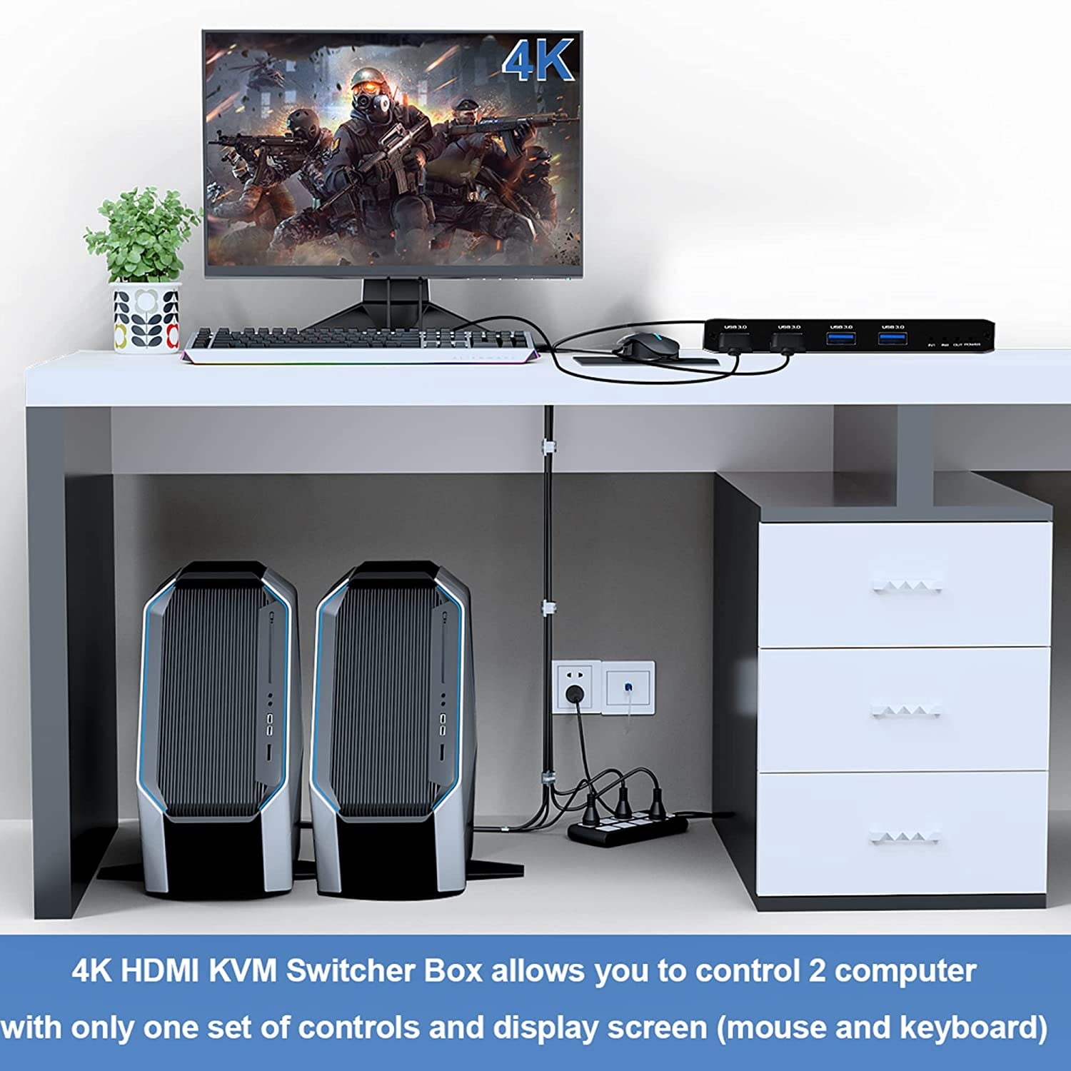 AUBEAMTO USB KVM Switch USB 3.0 Switcher HDMI-compatible KVM Switch 2 In 1 Out 4K for 2 PC Sharing Keyboard and Mouse EDID / HDCP Printer