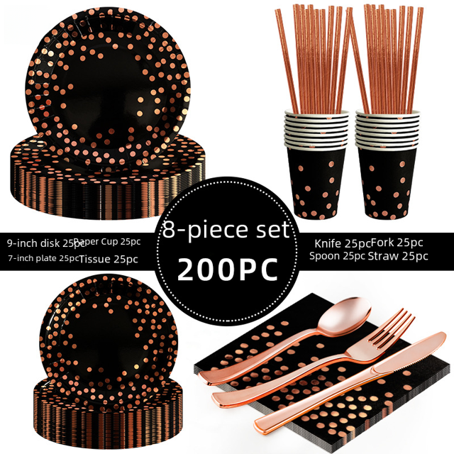 Bandeja de papel con lunares pequeños en color negro y oro rosa, vaso de papel, pajita de papel, cuchillo, tenedor y cuchara, juego de suministros decorativos para fiestas