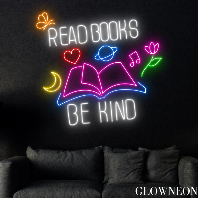 Glowneon Read Books Be Kind Neon Sign, Book Led Sign, Book Store
