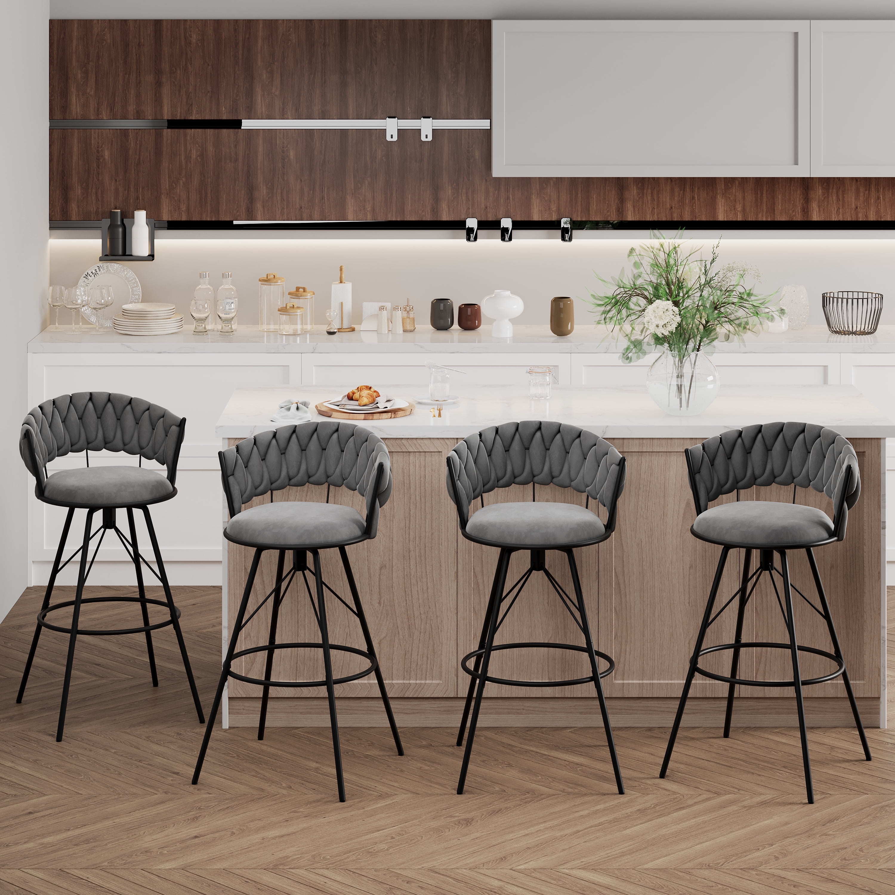 Andeworld 30'' Counter Height Barstools set of 2, Modern Velvet Bar Stools with Woven Back, Metal Frame, Round Footrest, Gray