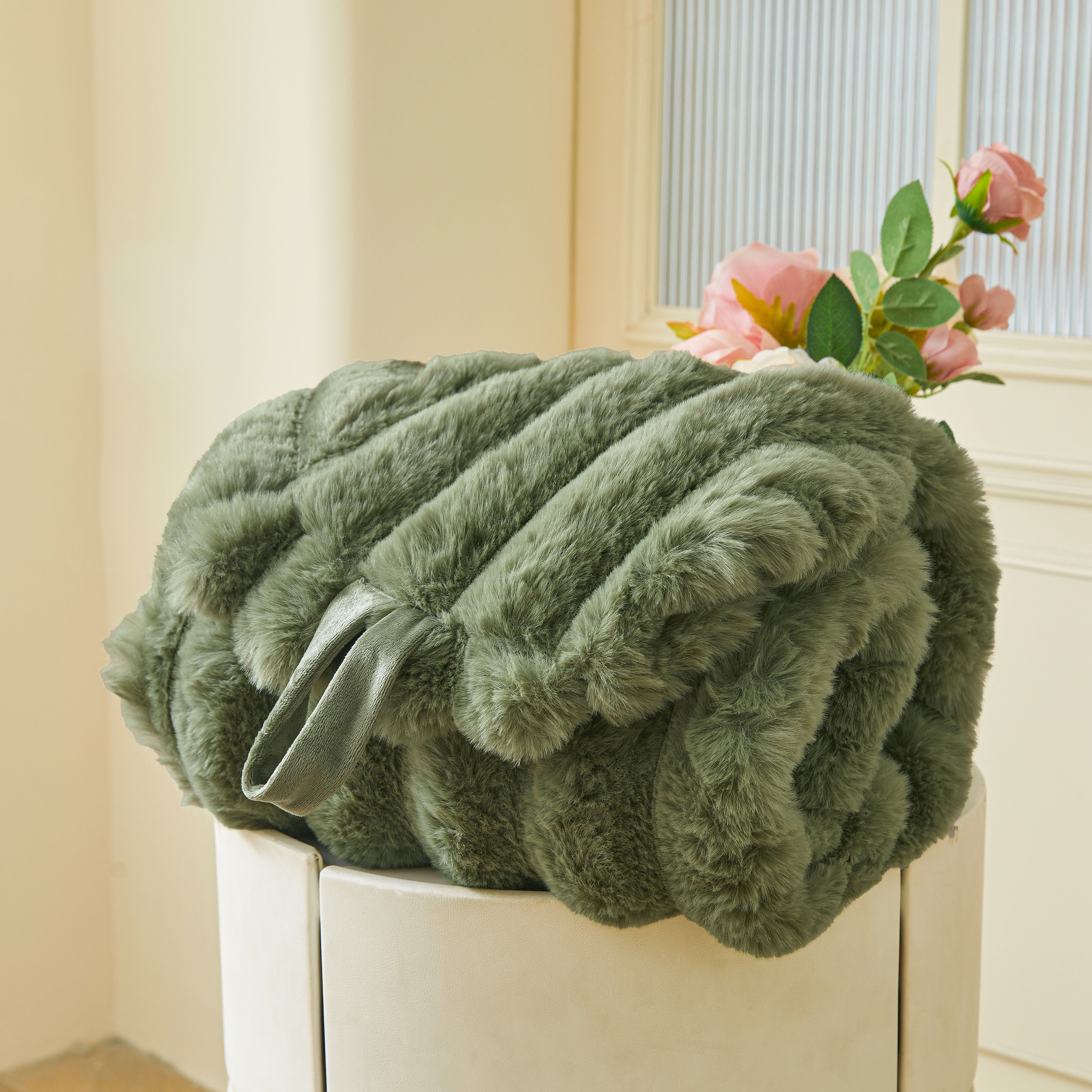 XeGe Kids Fluffy Faux Rabbit Fur Bean Bag Chair Cover(No Filler), Cozy Moss Shaggy Striped Stuffed Animal Storage Bean Bag for Plush Toys, Fuzzy Ribbed Beanbag Cover Kids Girls Adult, Sage Green