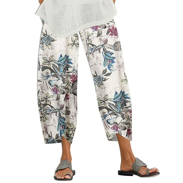 Fgnfyis Pantalon Femme Imprimé Ample Taille Élastique Capri Décontracté Court Style Rétro Confortable Violet TTTG