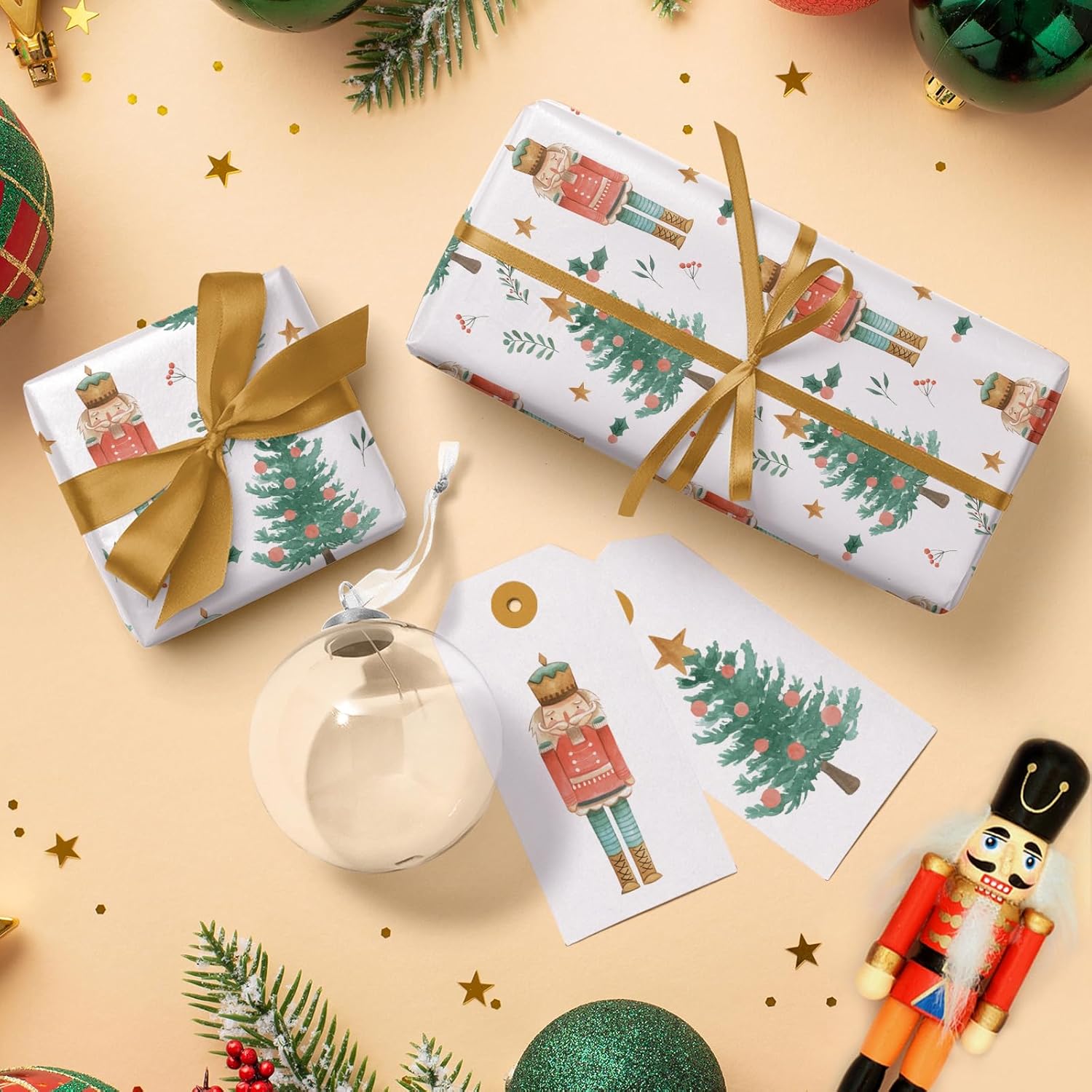 Kraft Nutcracker Christmas Wrapping Paper - Mini Roll - 17 Inch x 33 Feet - Nutcracker and Christmas Tree Wrapping Paper for Holiday, Party Celebration