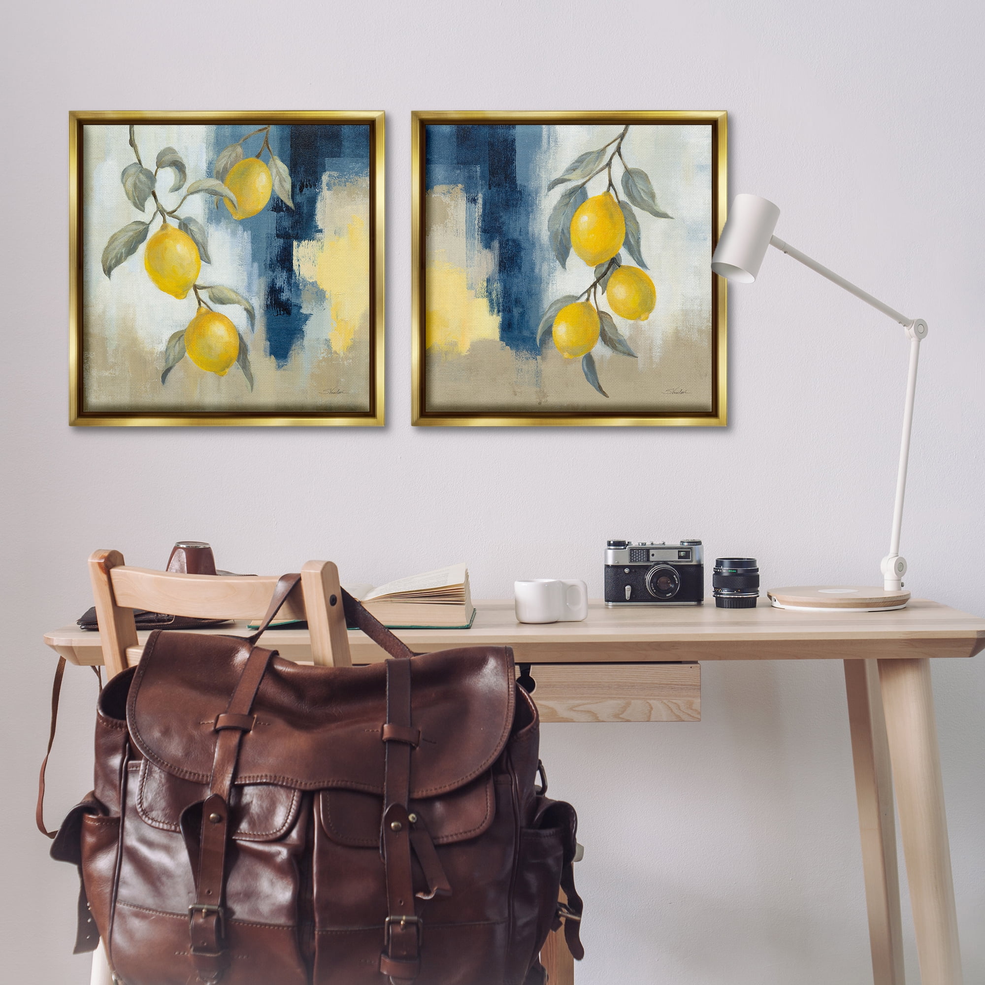 Stupell Industries Abstract Hanging Lemon Fruits Food & Beverage Painting Gold Floater Framed Canvas Art Print Wall Art, 25 x 25, Set of 2