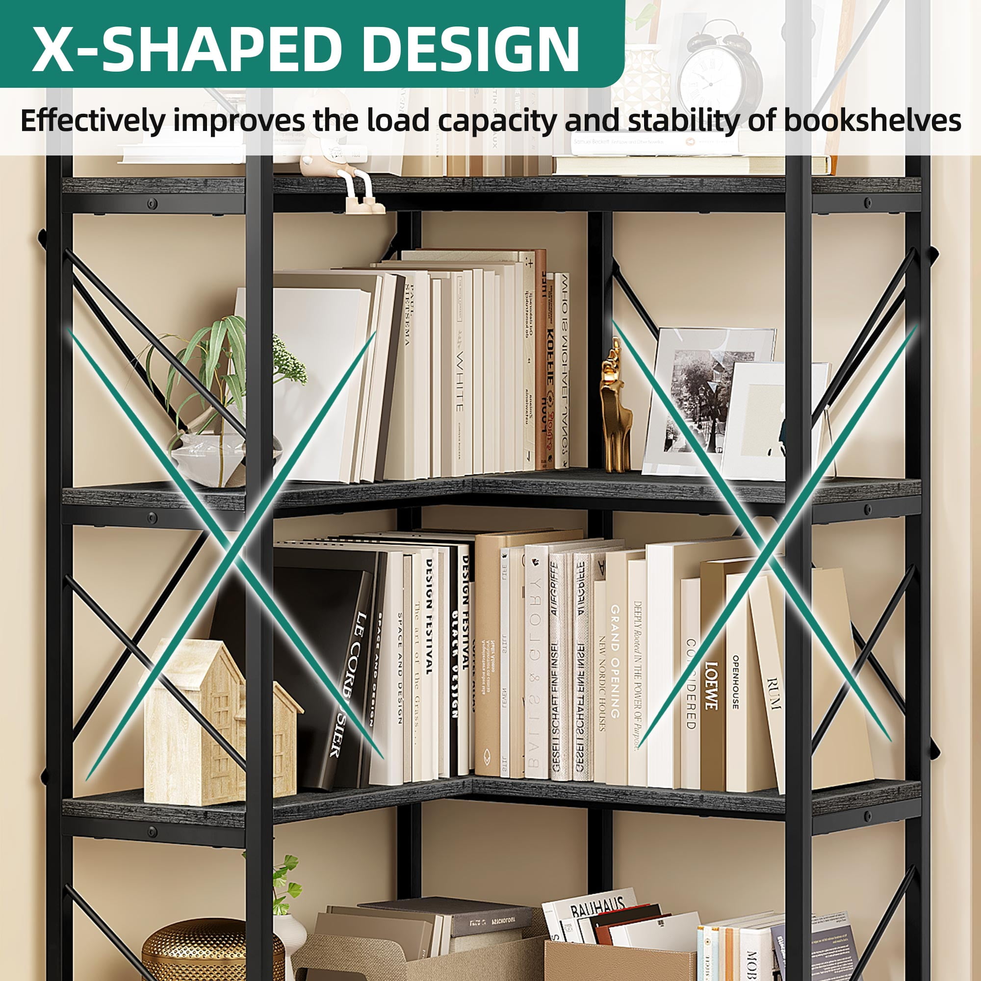 5-Tier L-Shaped Bookcase Storage Organizer, Tall Corner Bookshelf Open Display Freestanding Storage,Dark Gray