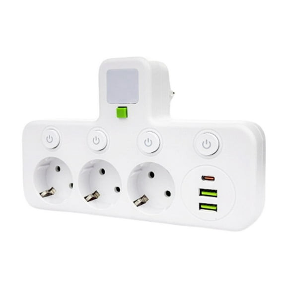 Regleta 6 en 1 con 3 puertos USB independientes y un enchufe compatible con teléfonos móviles y electrodomésticos