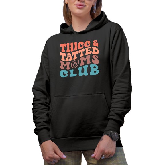 Thicc and Tatted Moms Club, Tattooed Mothers Group, Groovy Retro Wavy Text Merch Gift, Black Hooded Sweatshirt or Hoodie, Small