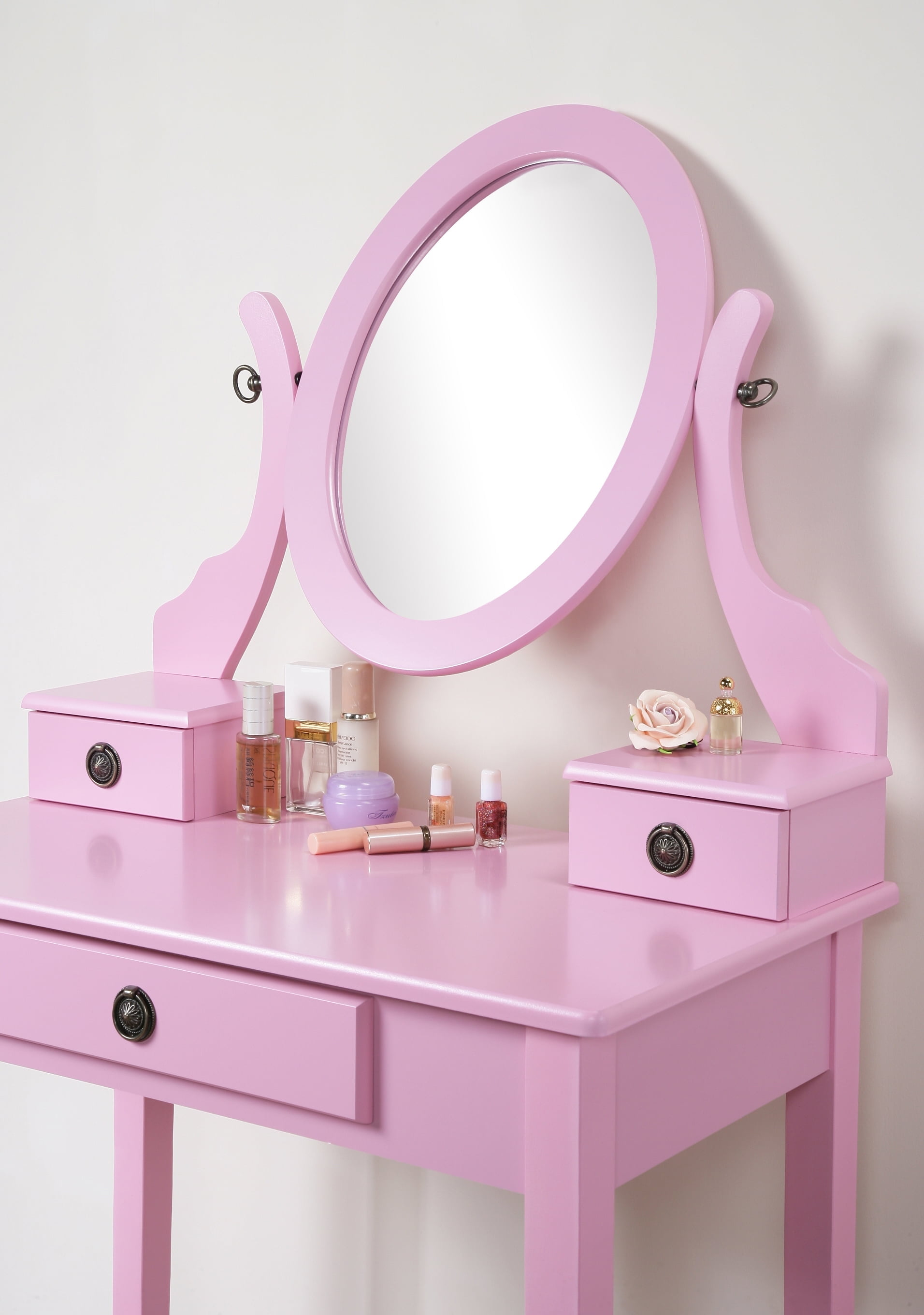 Free Shipping Roundhill Furniture Moniya Wood Vanity Table and Stool Set Pink Walmart